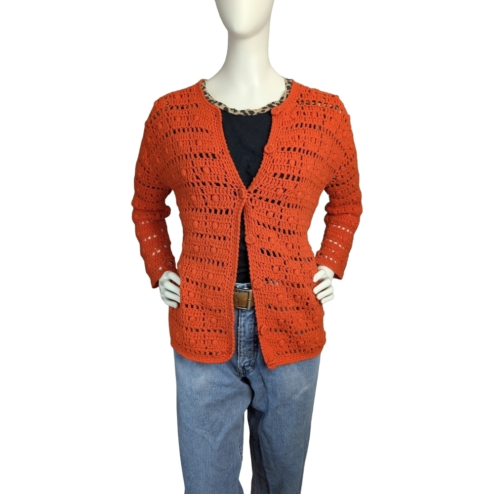 Vintage Handmade Red Crochet Cardigan – Women’s Medium